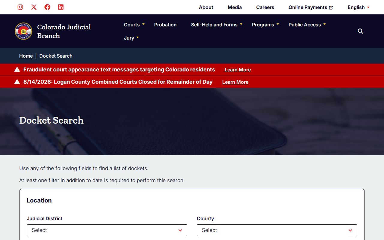 Huerfano County court schedule on the Colorado docket calendar