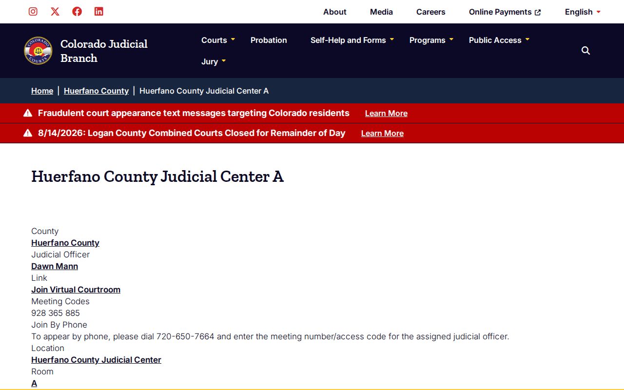 Huerfano County court schedule virtual Courtroom A instructions