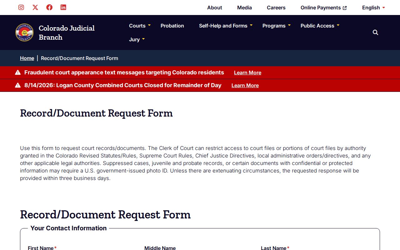 Huerfano County civil docket record request form