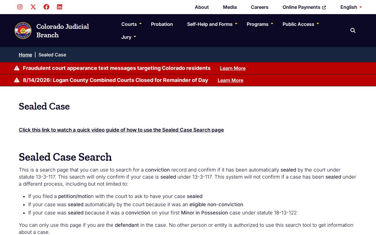 Huerfano County criminal docket sealed case confirmation search