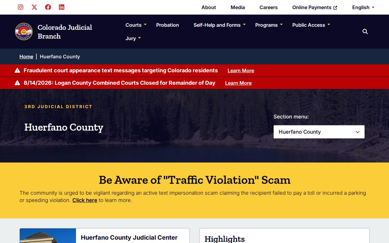 Huerfano County court docket landing page