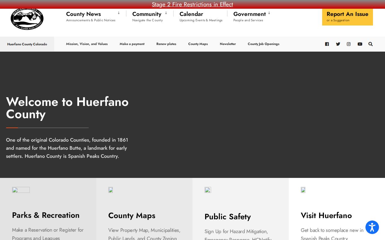 Huerfano County government page distinct from court docket records