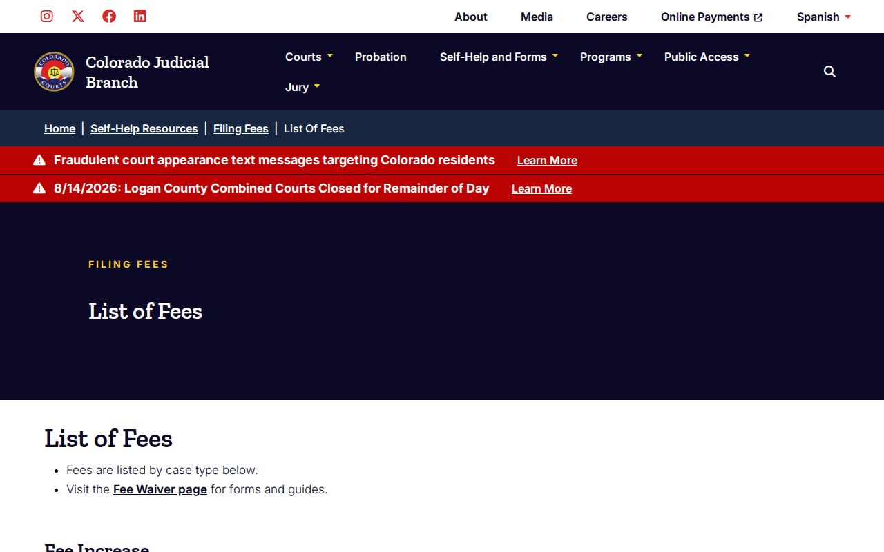 Huerfano County court record copy and certification fees