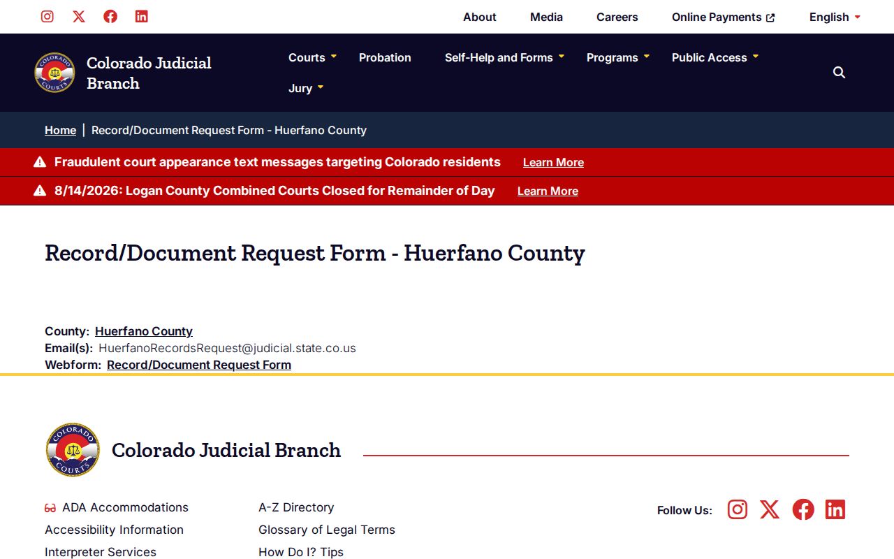 Huerfano County court case records request contact